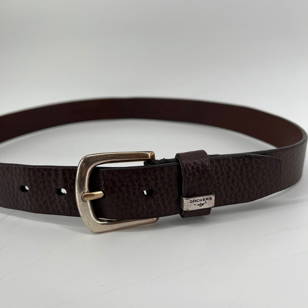 Dockers Mens Dark Brown Full Grain‎ Leather Belt Medium Silver Buckle 1820